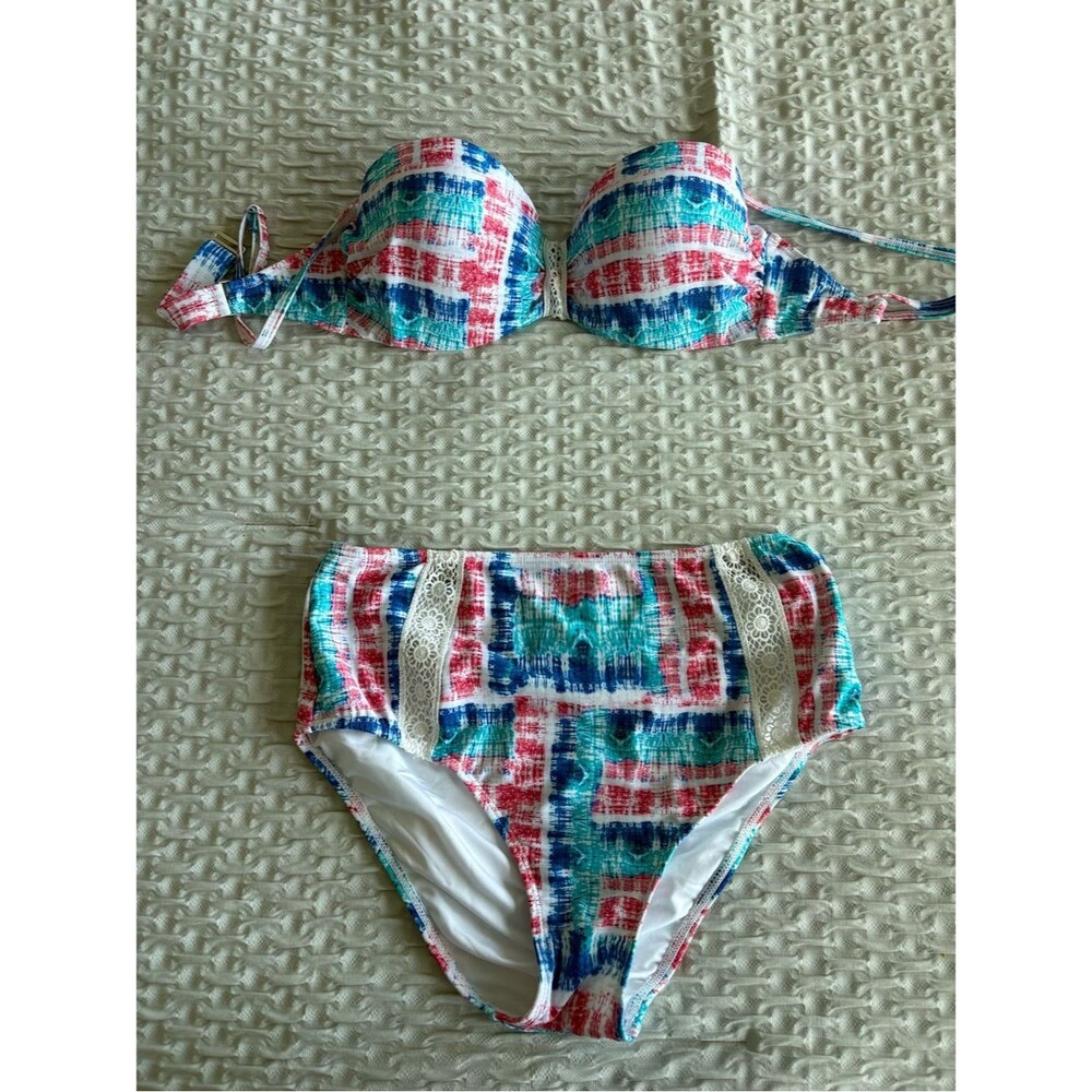 VENUS Multicolor Plaid Bikini Set - Teal, Blue & Coral